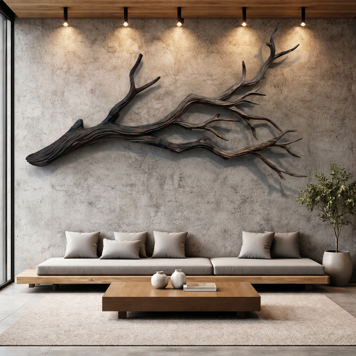 Natural Tree Root Wall Sculpture with Flowing Organic Form in Black finish