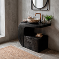 Modern Organic Wood Bathroom Vanity with Open Shelf Cabinet in Black finish