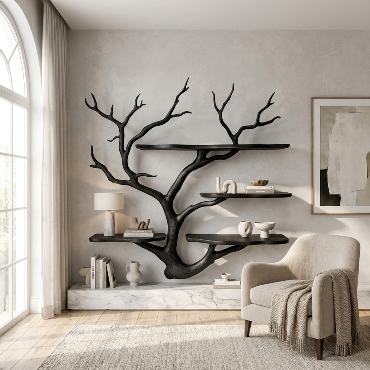 Sculptural Tree Branch Wall Shelf for Living Room and Studio in Black finish