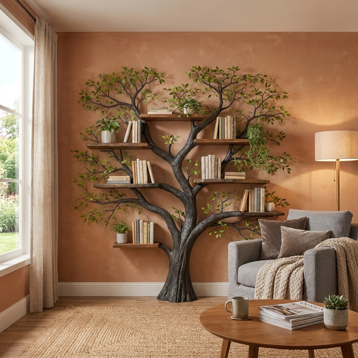 Tree Branch Wall Bookcase with Floating Shelves, 70 x 70 in in Black finish