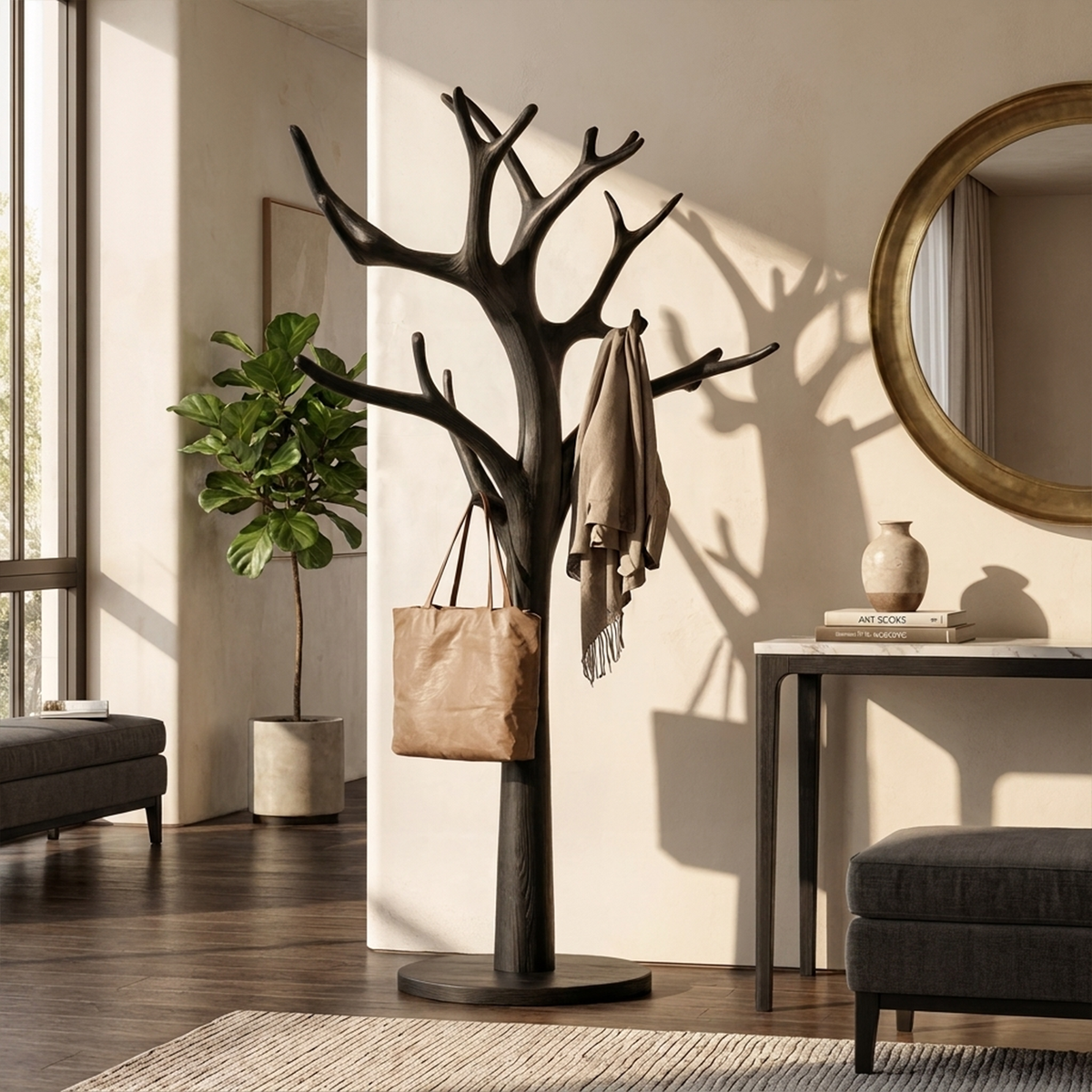 Rustic Driftwood Tree Coat Rack for Entryway and Mudroom in Black finish