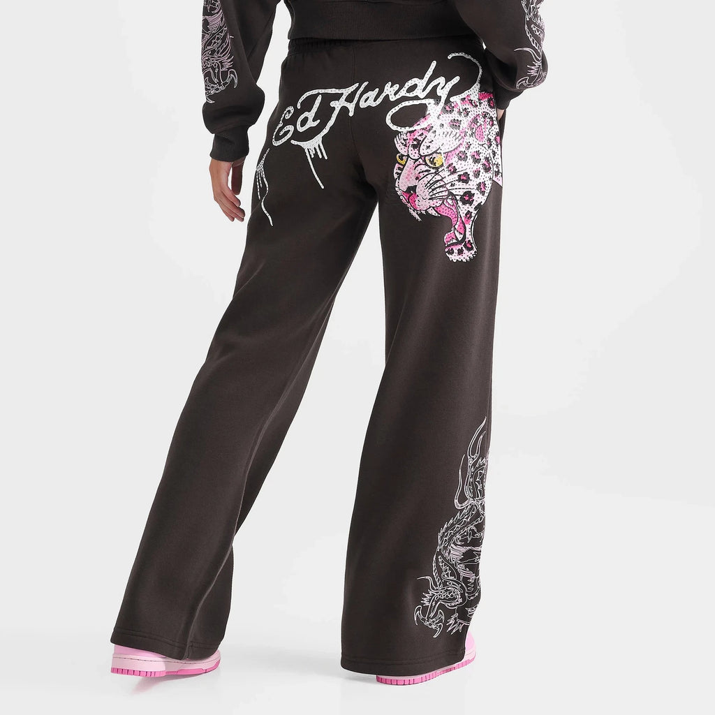 Women's Leopard Rhinestone Open-Hem Pants