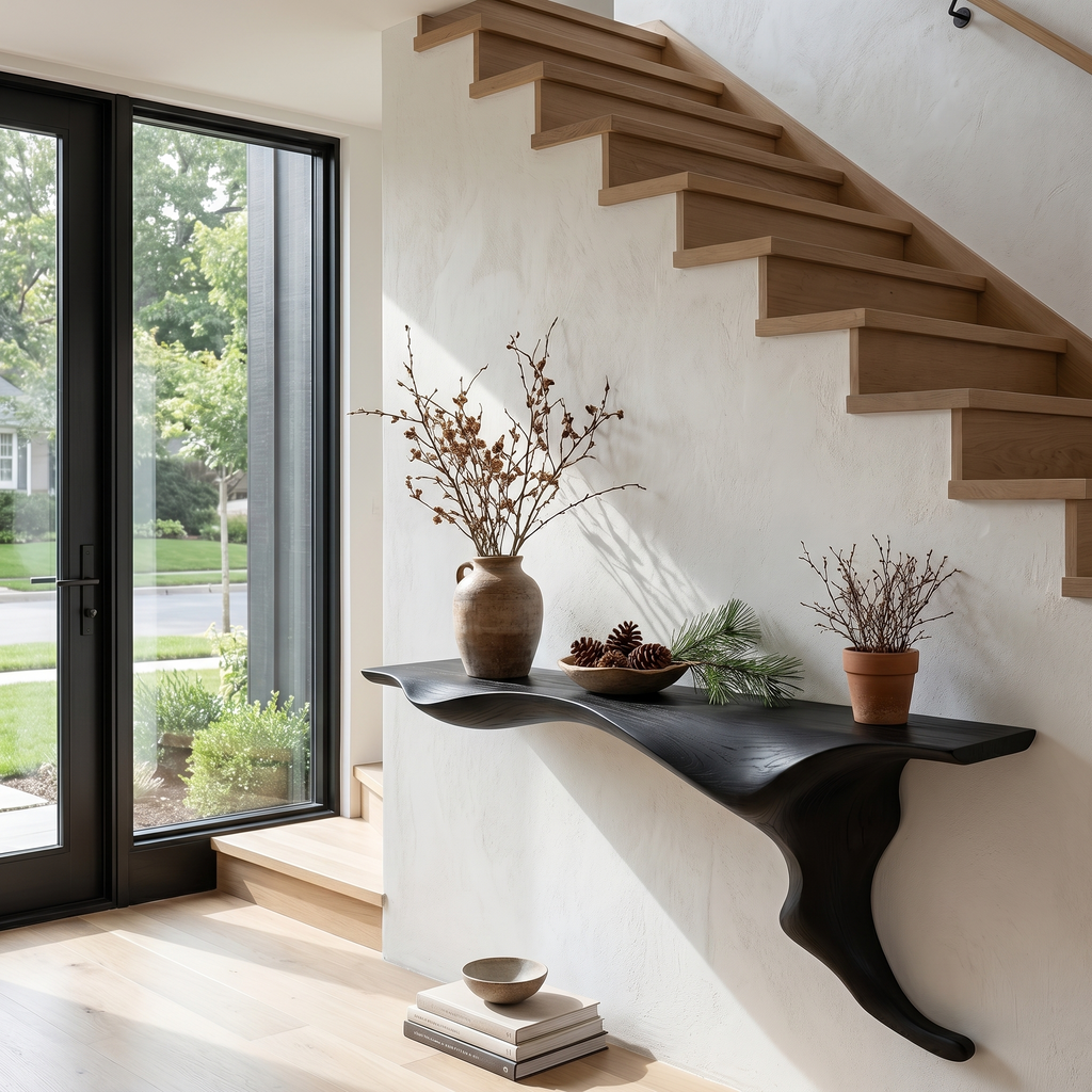 Wall Mounted Solid Wood Console Table with Tree Root Base in Black finish