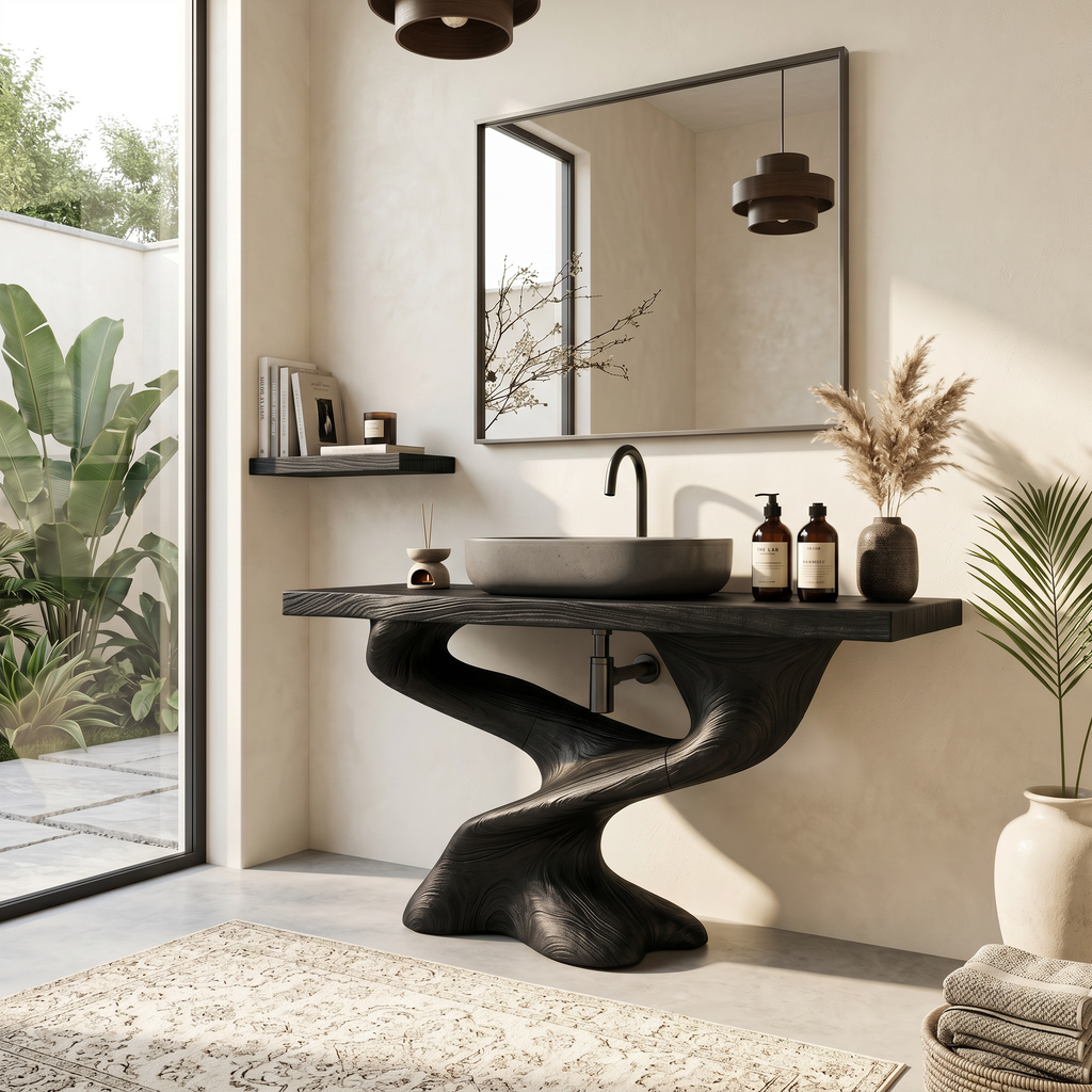 Live Edge Solid Wood Bathroom Vanity for Farmhouse or Modern Baths in Black finish