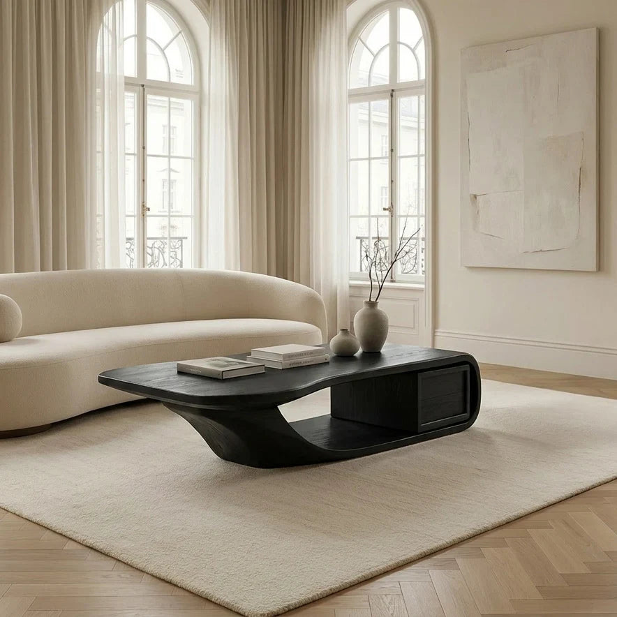Modern Sculptural Wood Coffee Table with Curved Silhouette in Black finish