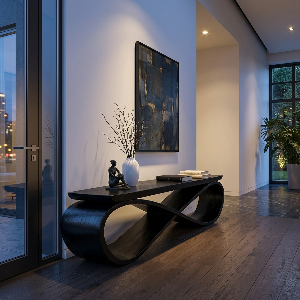 Infinity Loop Sculptural Solid Wood Bench for Entryway in Black finish