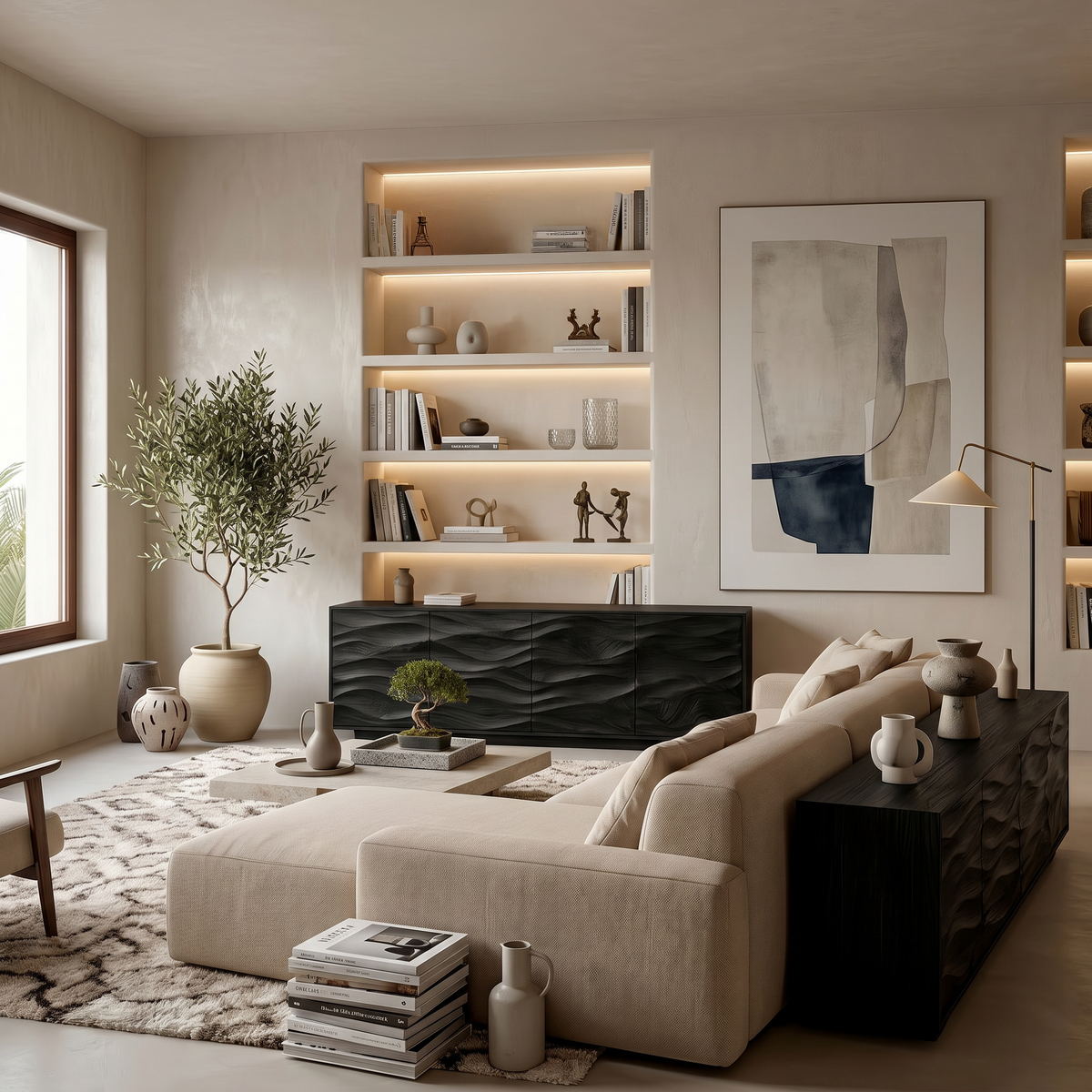 Minimalist Solid Wood Sideboard with Wave-Carved Doors in Black finish