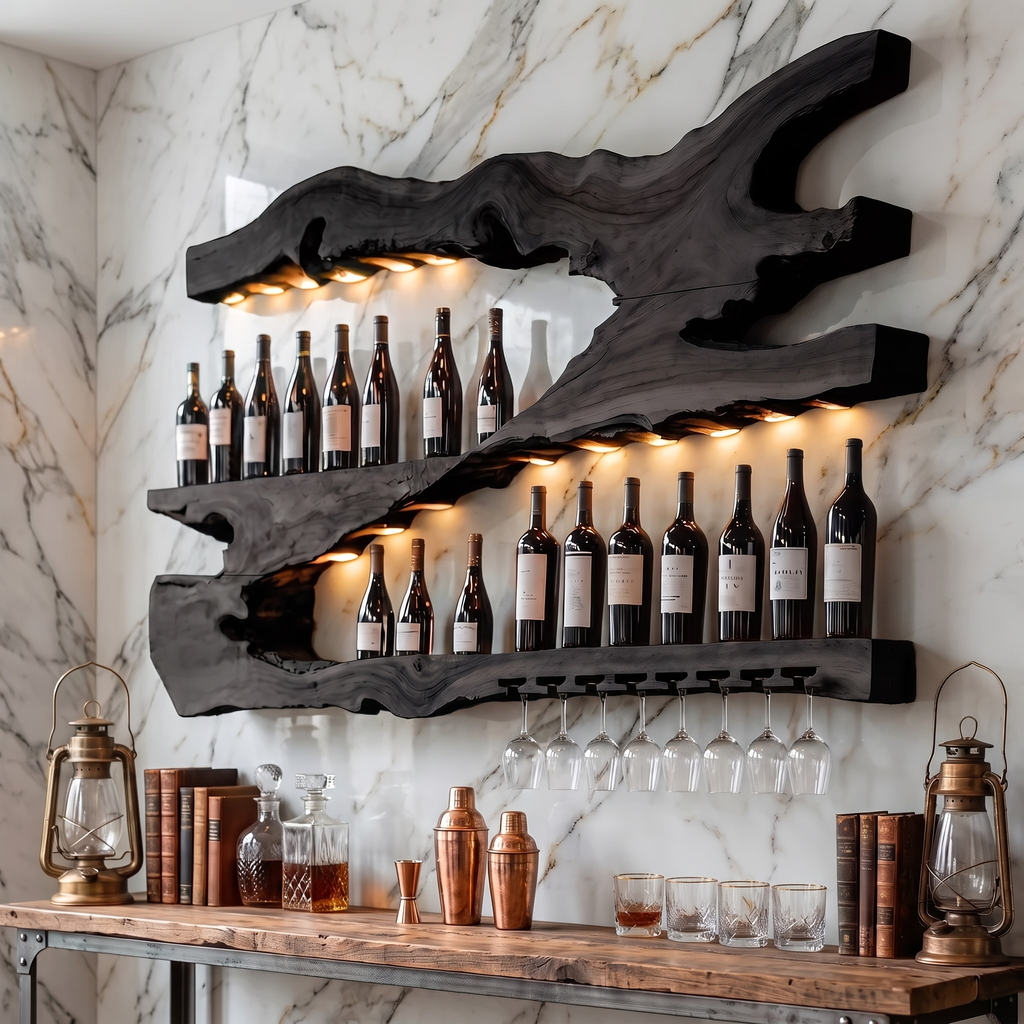Mid-Century Monkeypod Wood Wall Wine Rack with Minimalist Shelf in Black finish