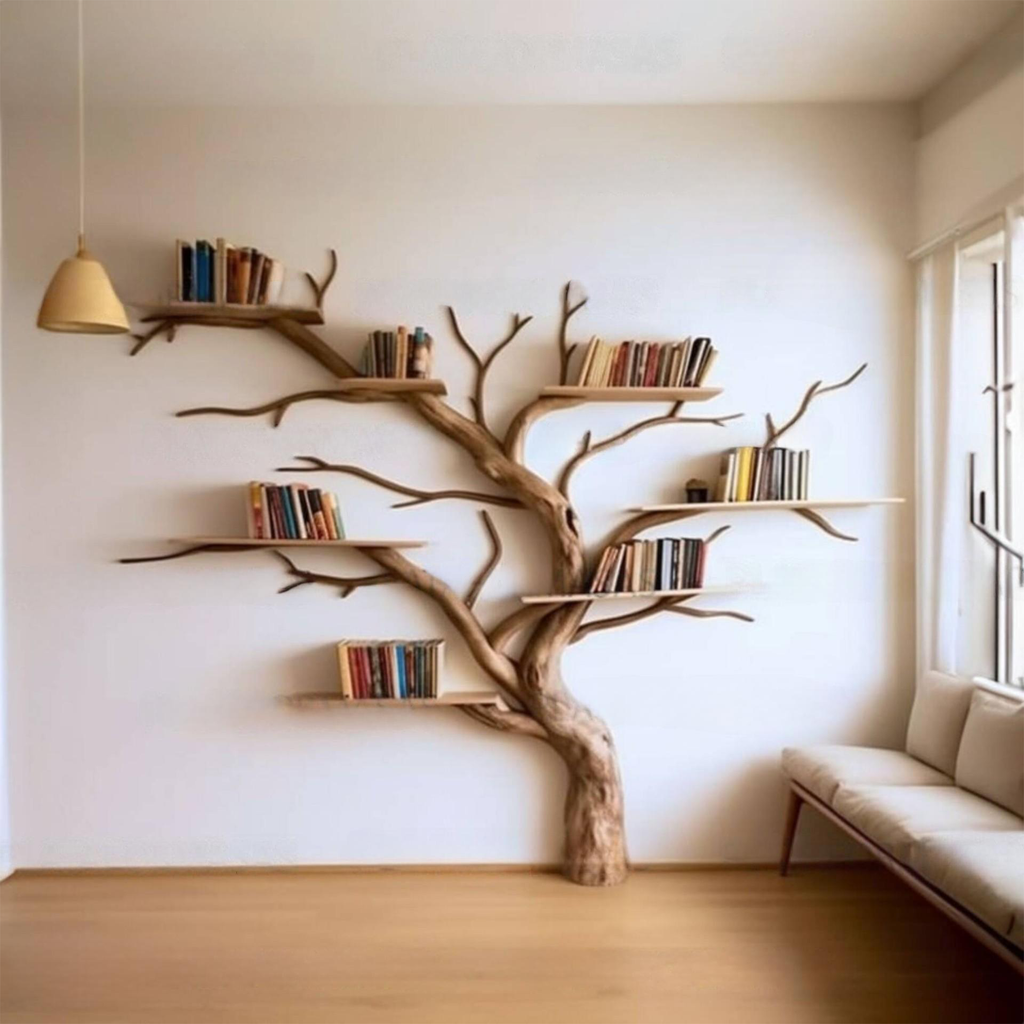 Artistic Solid Wood Tree Bookshelf with Floating Branch Shelves