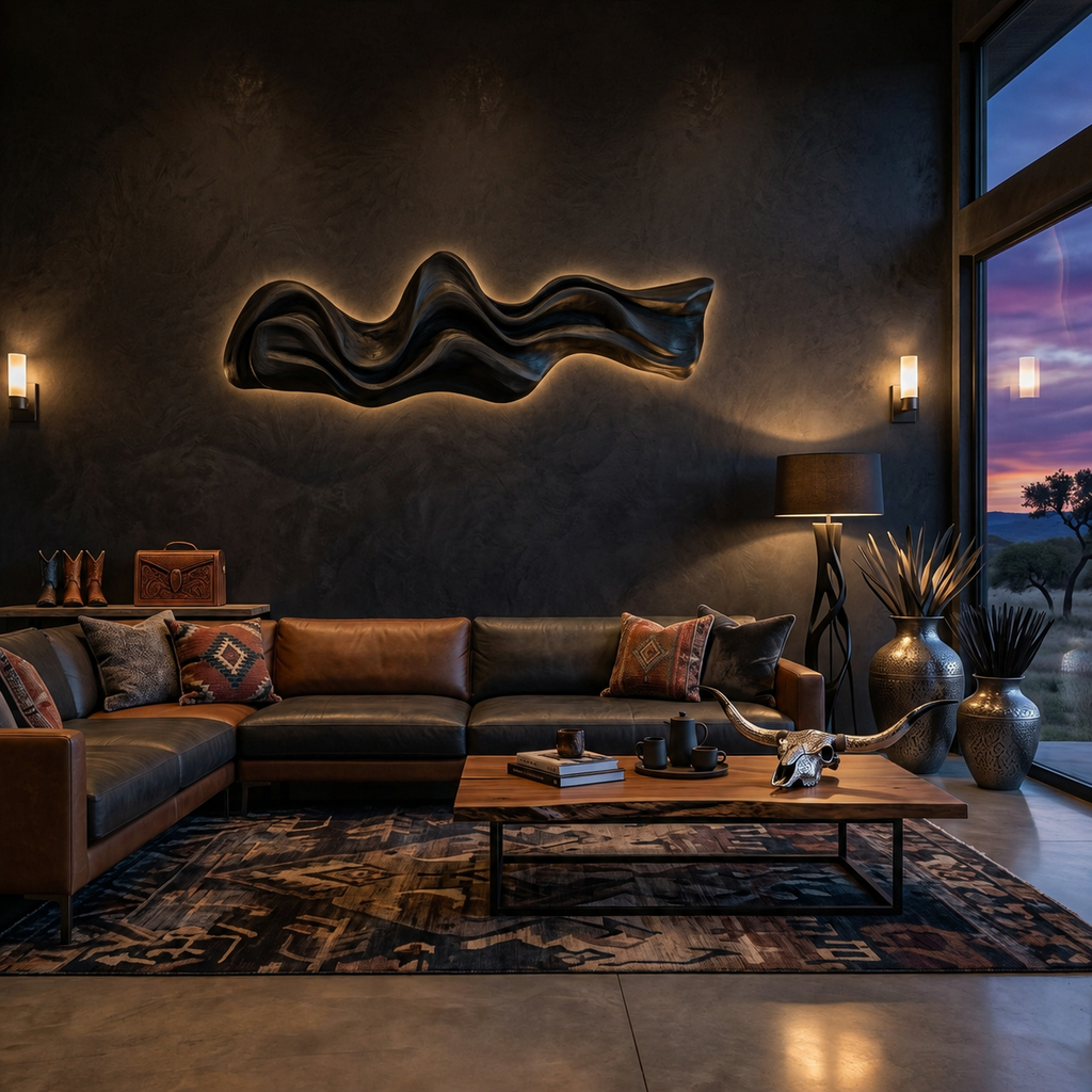 Large Wavy Solid Wood Wall Art Sculpture for Living Room in Black finish