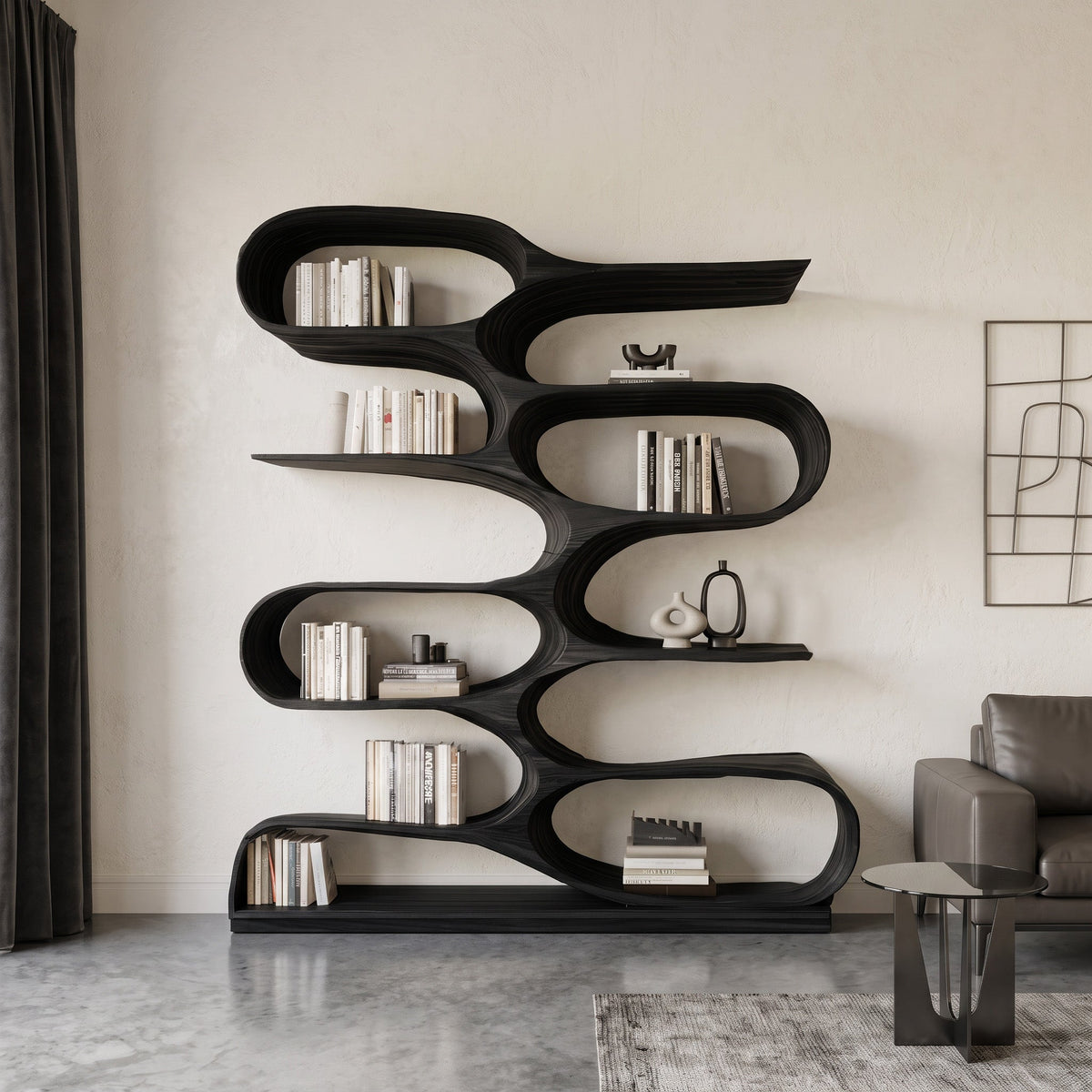 Organic Solid Wood Bookshelf with Wave-Shaped Curved Tiers in Black finish