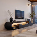 Modern Curved Solid Wood TV Console with Drawers and Open Shelf in Black finish