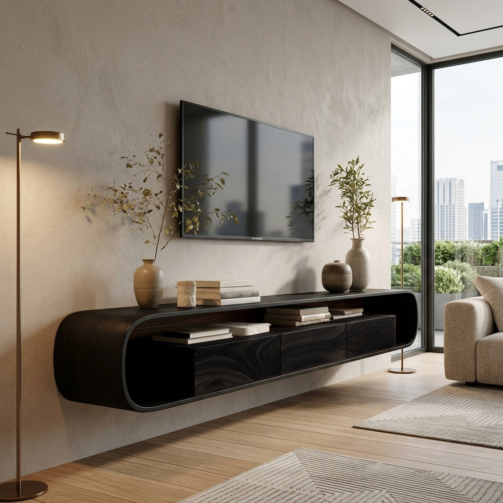 Organic Modern Floating Solid Wood TV Console with Drawers in Black finish