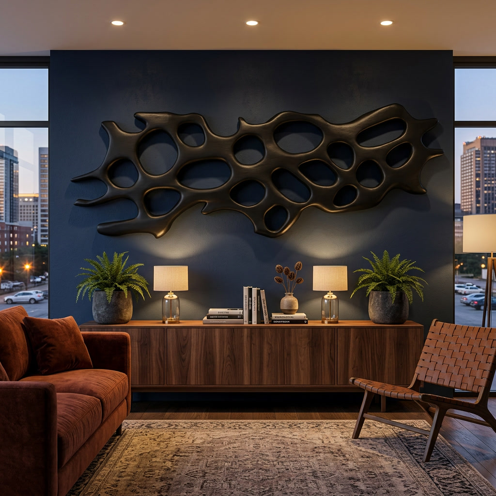 Carved Solid Wood Abstract Wall Sculpture with Organic Openings in Black finish