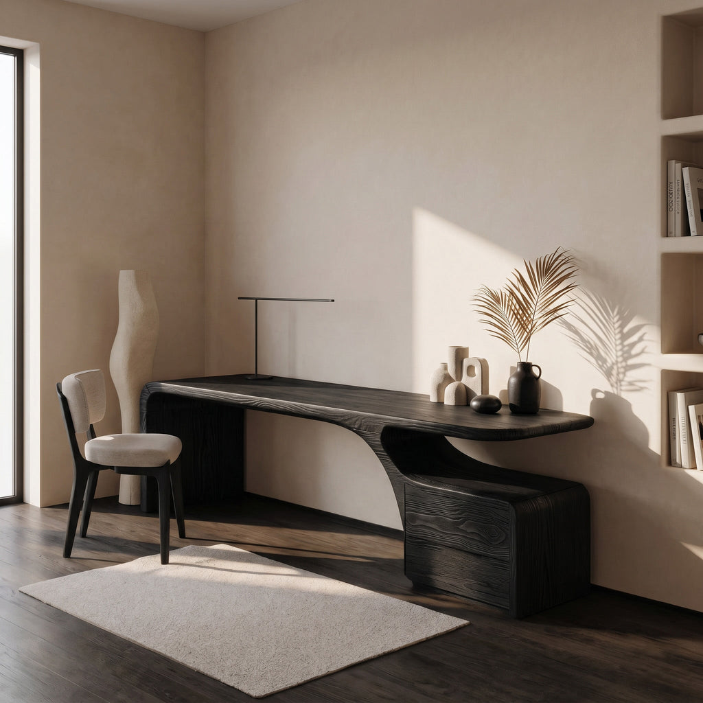 Organic Solid Wood Desk with Curved Drawer Base for Home Office in Black finish