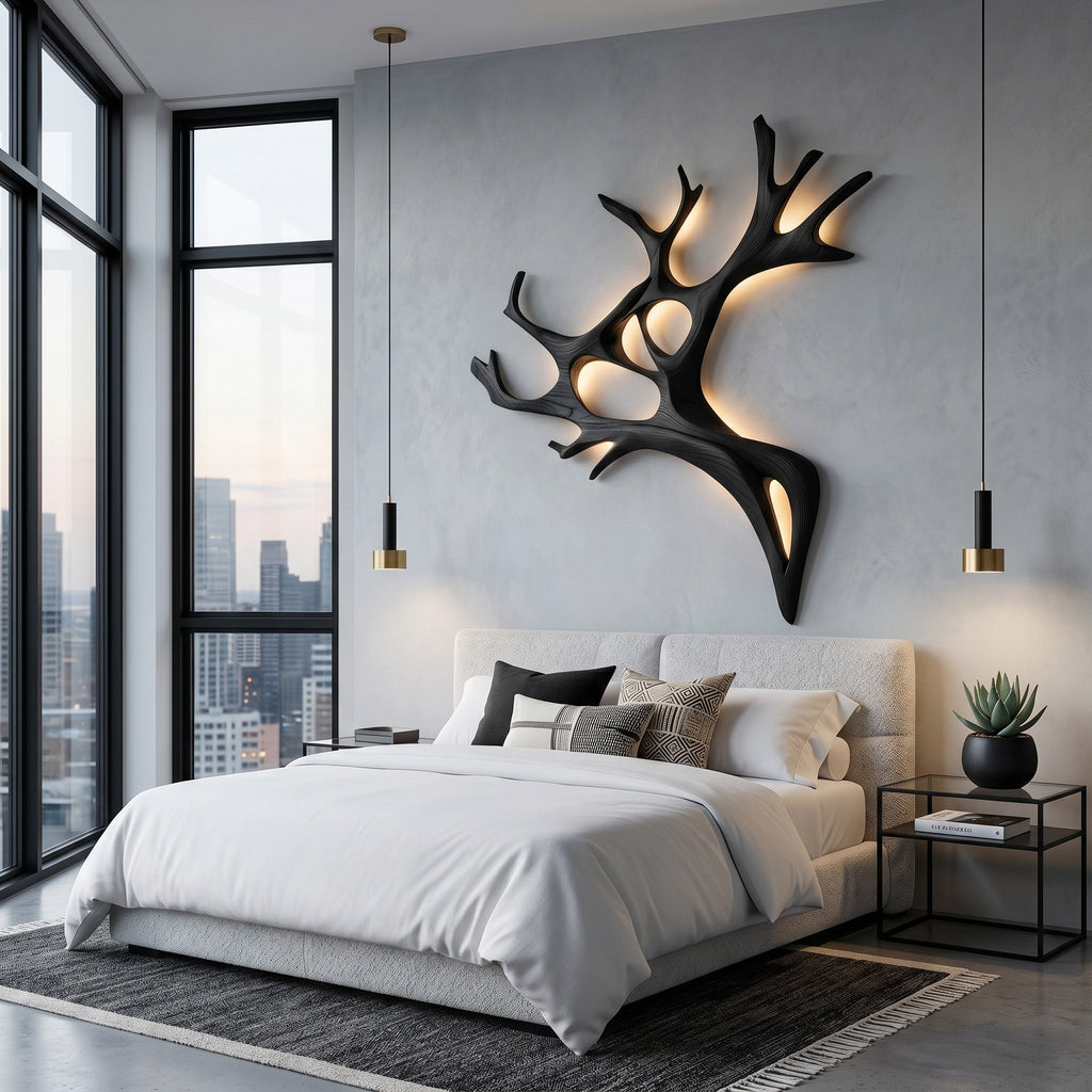Sculptural Solid Wood Branch Wall Light with Warm Backlighting in Black finish