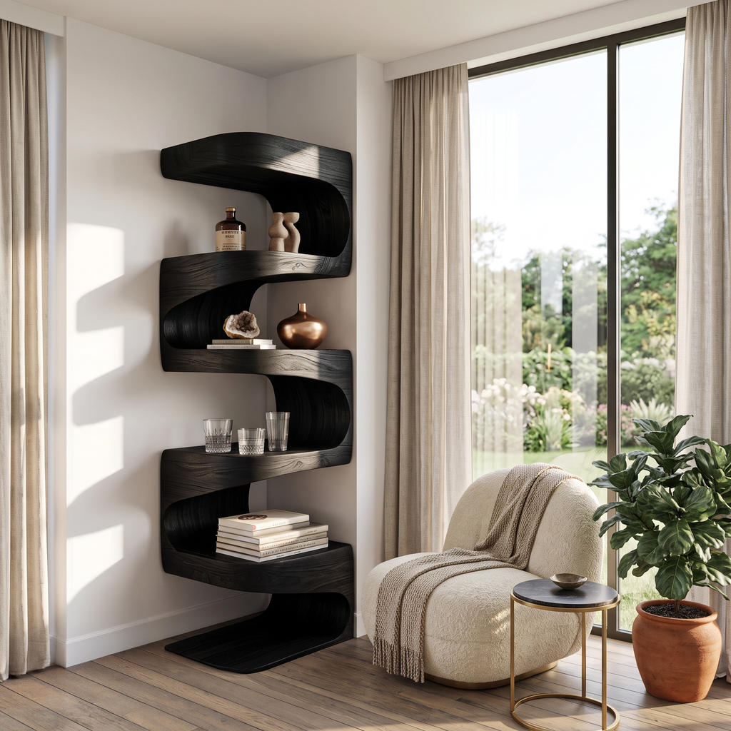 Modern Corner Wave Bookshelf in Solid Wood with Tiered Shelves in Black finish