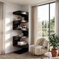 Modern Corner Wave Bookshelf in Solid Wood with Tiered Shelves in Black finish