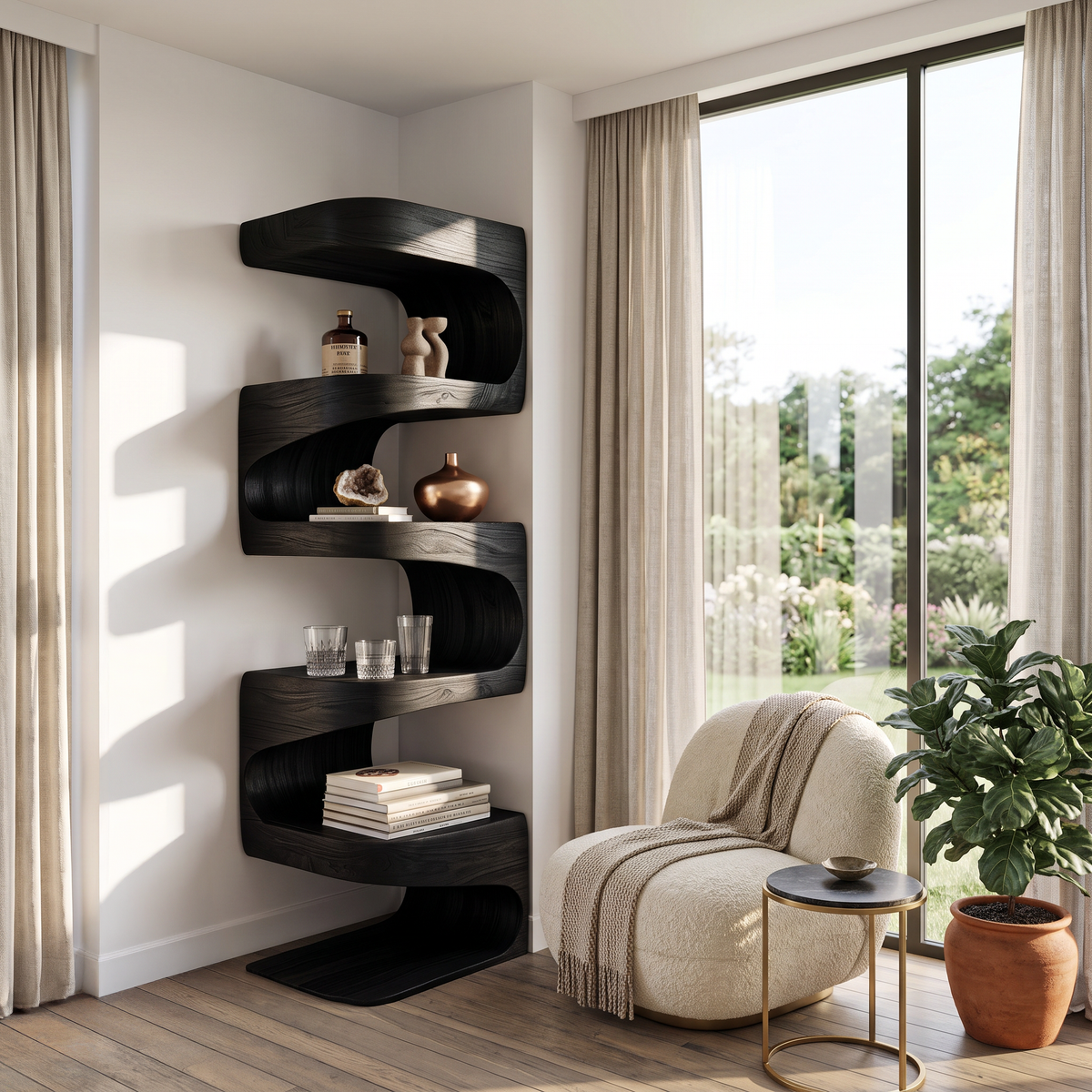 Modern Corner Wave Bookshelf in Solid Wood with Tiered Shelves in Black finish