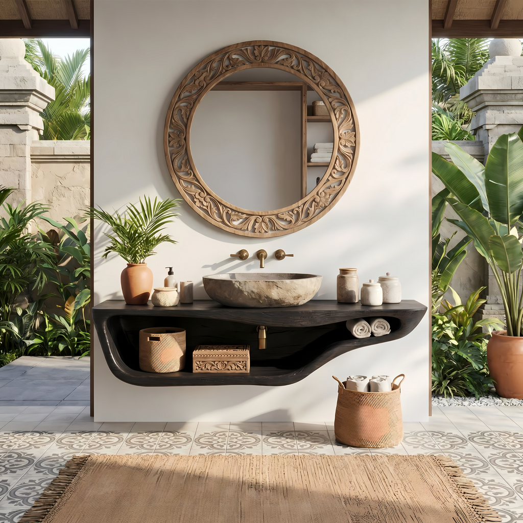 Live Edge Wood Vanity Countertop Shelf for Custom Bathrooms in Black finish