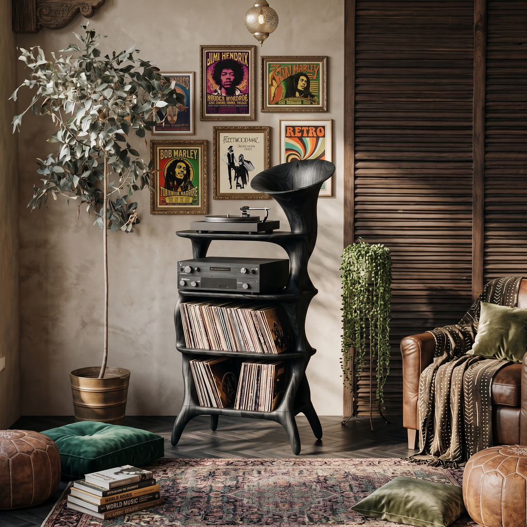 Mid-Century Solid Hardwood Vinyl Record Cabinet with Cube Profile in Black finish