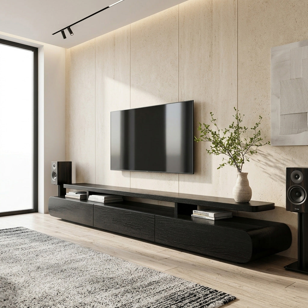 Low Profile Solid Wood TV Stand with Rounded Edges in Black finish