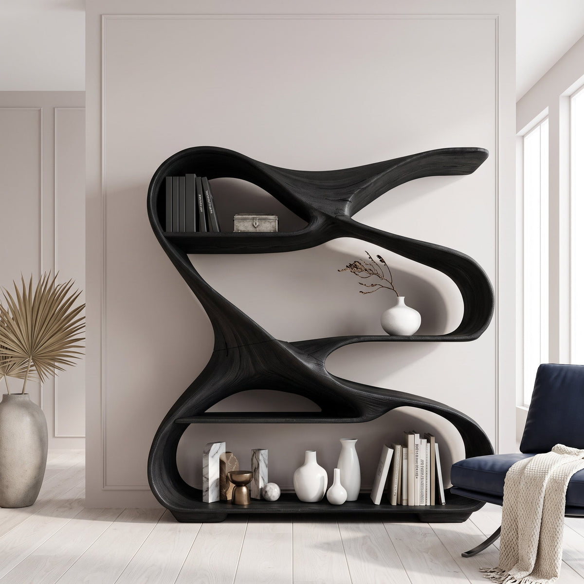 Modern Freeform Sculptural Wood Bookshelf for Office Display in Black finish