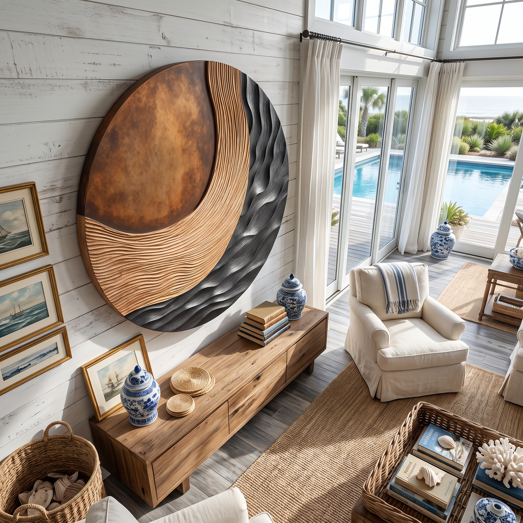 Carved 3D Wood Wall Art Panel for Bedroom with Tidal Folds - view 3