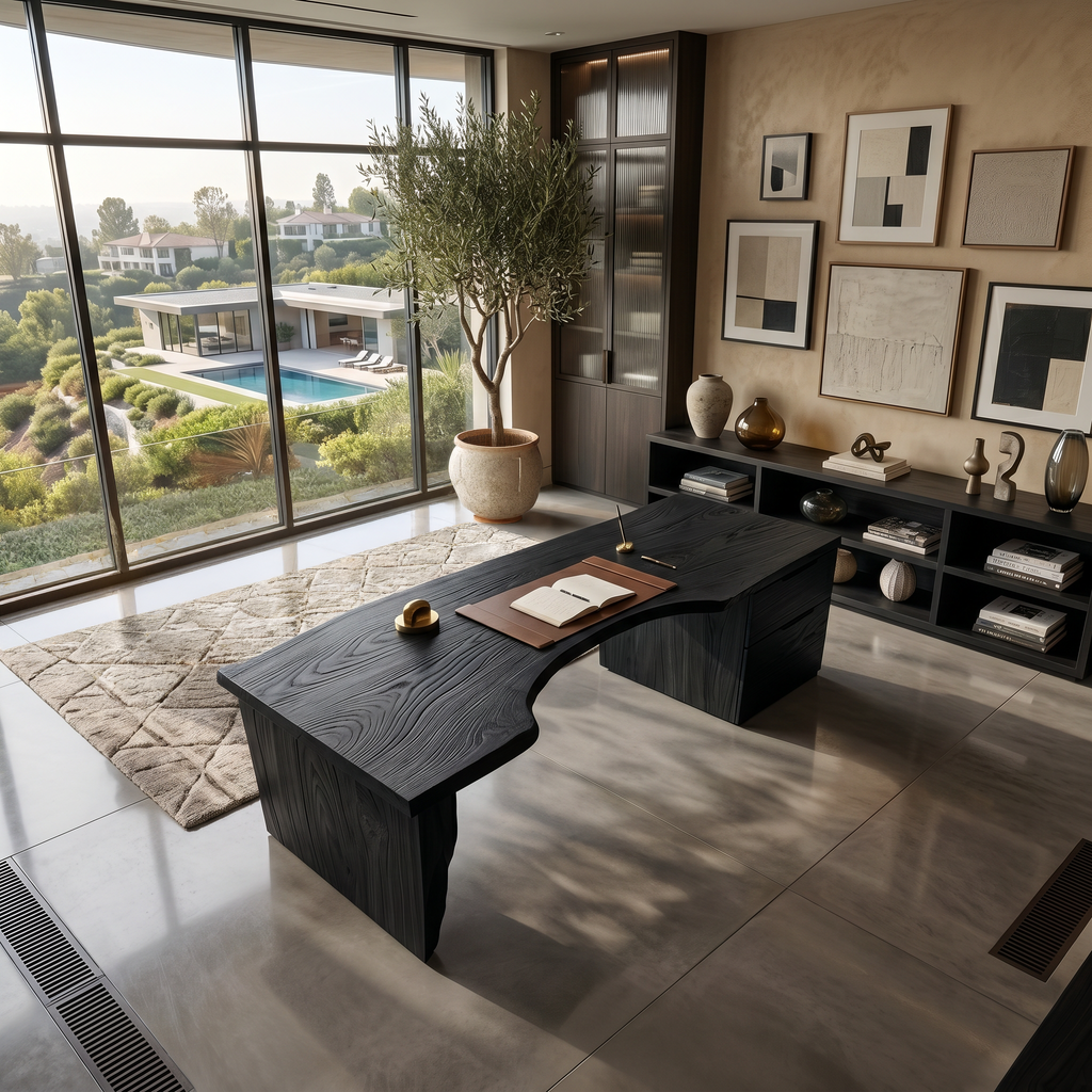 Organic Live Edge Solid Wood Desk with Built-In Drawers in Black finish