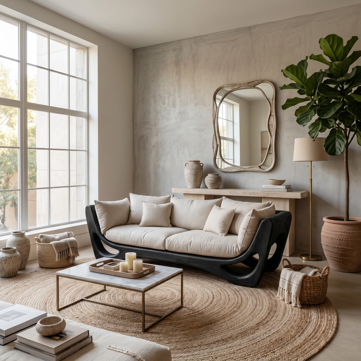 Modern Sculptural Solid Wood Frame Sofa with Cushions in Black finish