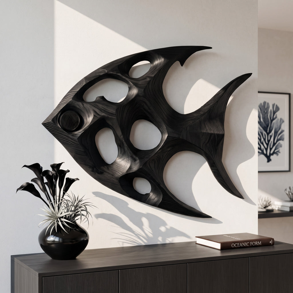 Fish Inspired Sculptural Solid Wood Wall Art with Open Voids in Black finish