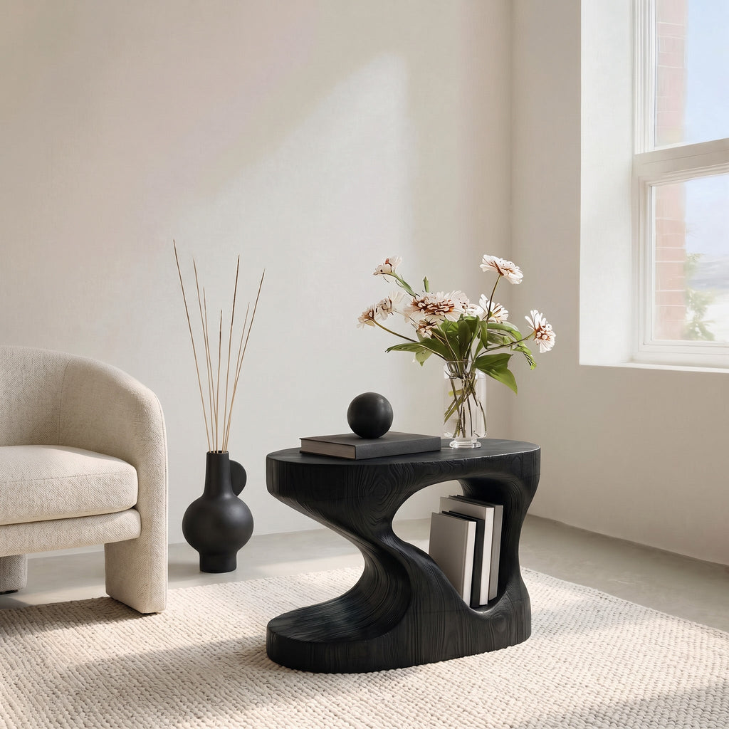 Organic Solid Wood Side Table with Open Cut-Out Center in Black finish