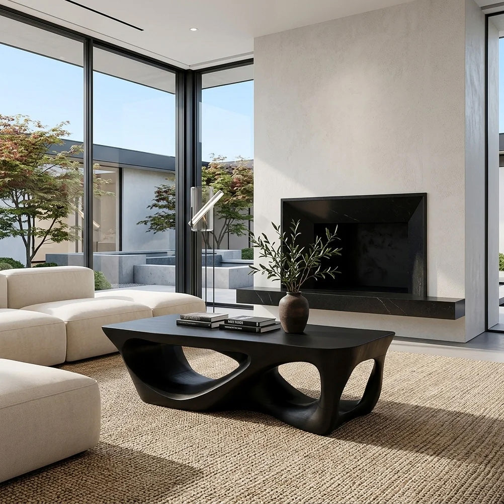 Minimalist Solid Wood Coffee Table with Open Sculpted Base in Black finish
