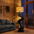 Sculptural Twisted Solid Wood Floor Lamp with Fabric Shade in Black finish
