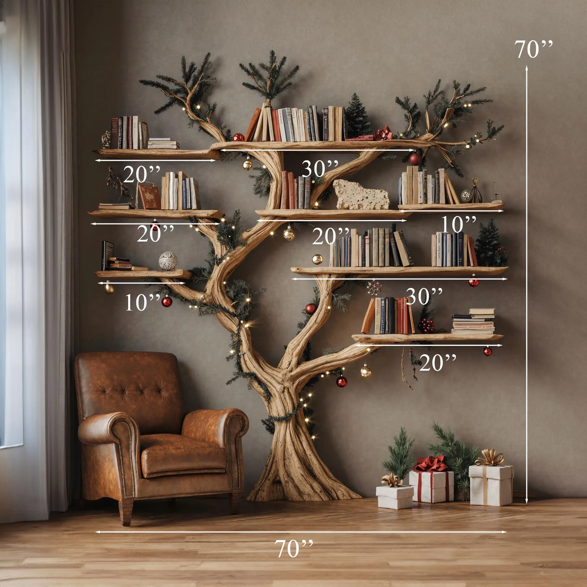Driftwood-Style Tree Branch Floating Bookshelf, 70 x 70 Inch - view 4