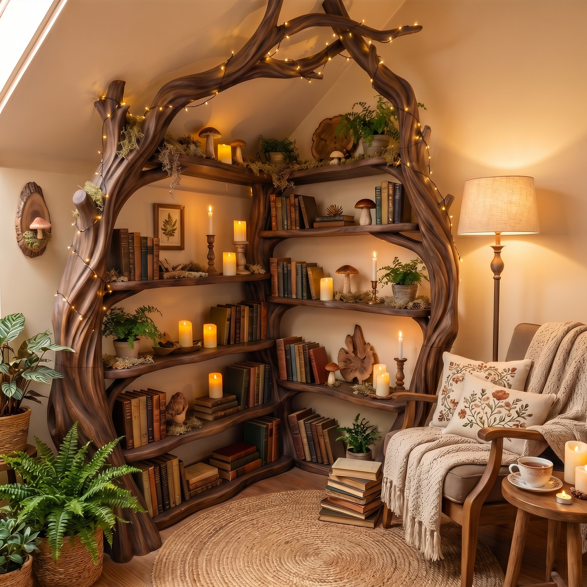 Tree Branch Corner Bookshelf in Solid Wood, Tall Display Shelf in Walnut finish