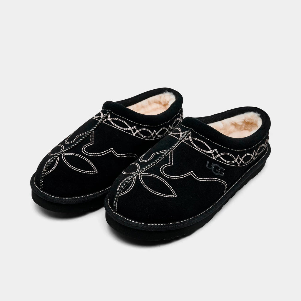 Men's Embroidered Suede Backless Slippers - Black