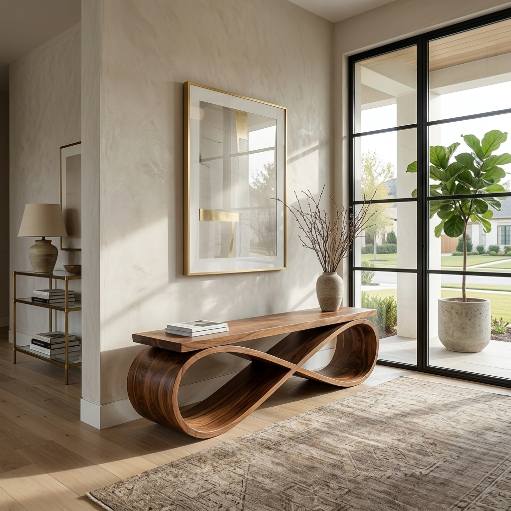 Infinity Loop Sculptural Solid Wood Bench for Entryway in Walnut finish