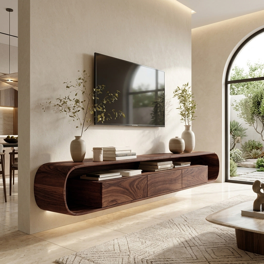 Organic Modern Floating Solid Wood TV Console with Drawers in Walnut finish