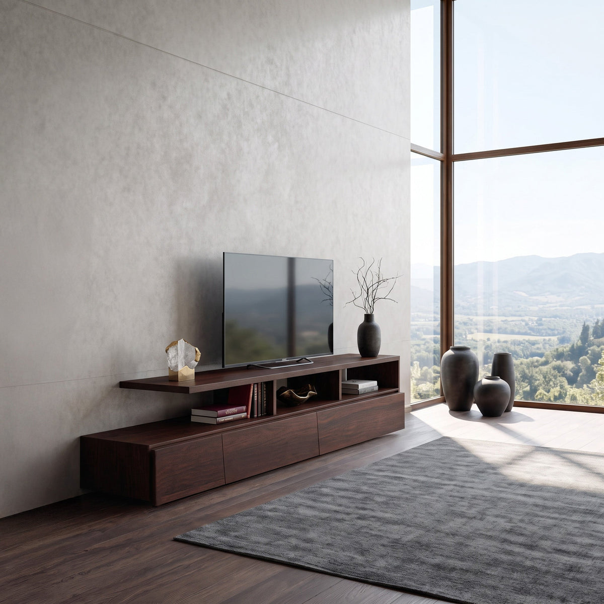 Low Solid Wood TV Console with Open Shelves and Cabinets in Walnut finish