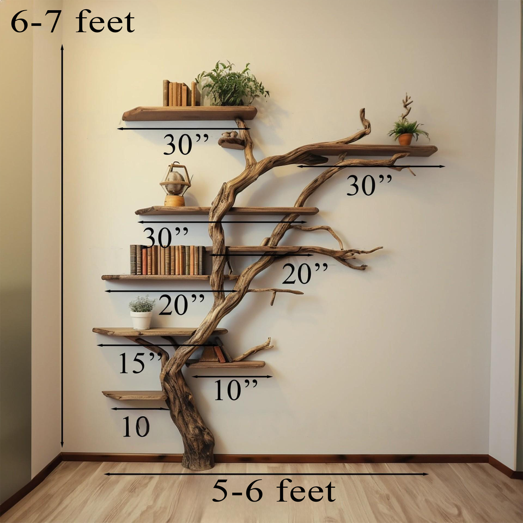 Narrow Corner Tree Branch Wall Shelf in Dark Brown, 84 in Tall in Dark Brown finish