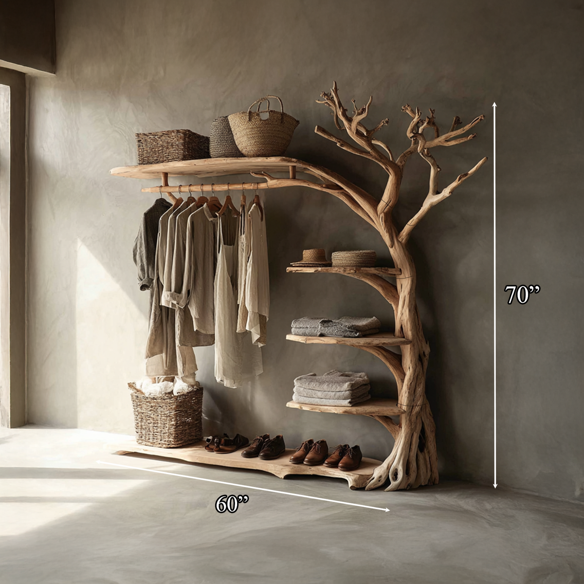 Rustic Tree Branch Coat Rack with Shoe Shelf and Live Edge - view 8