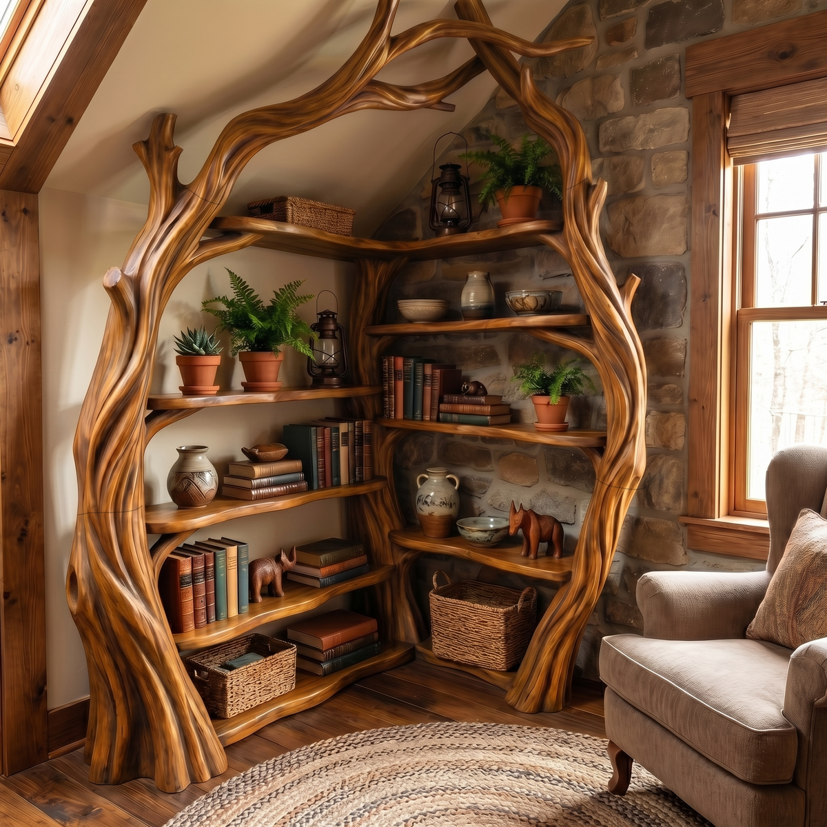Tree Branch Corner Bookshelf in Solid Wood, Tall Display Shelf in Brown finish