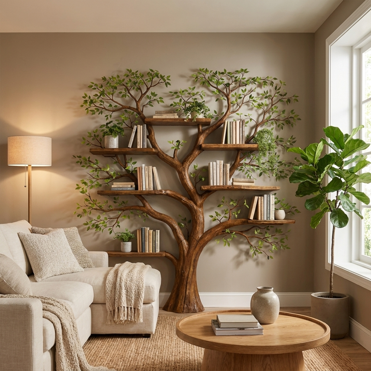Tree Branch Wall Bookcase with Floating Shelves, 70 x 70 in in Brown finish