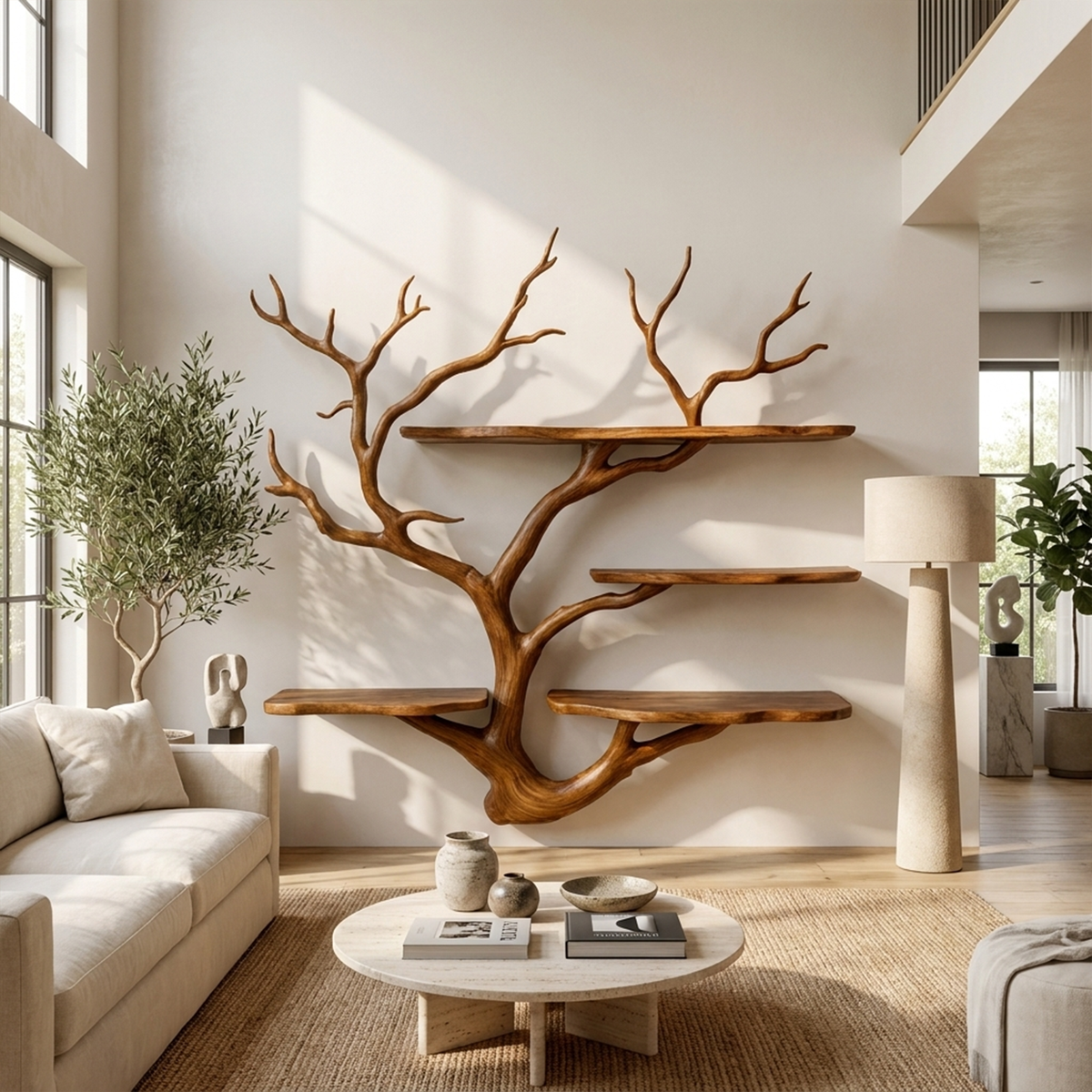 Sculptural Tree Branch Wall Shelf for Living Room and Studio in Brown finish