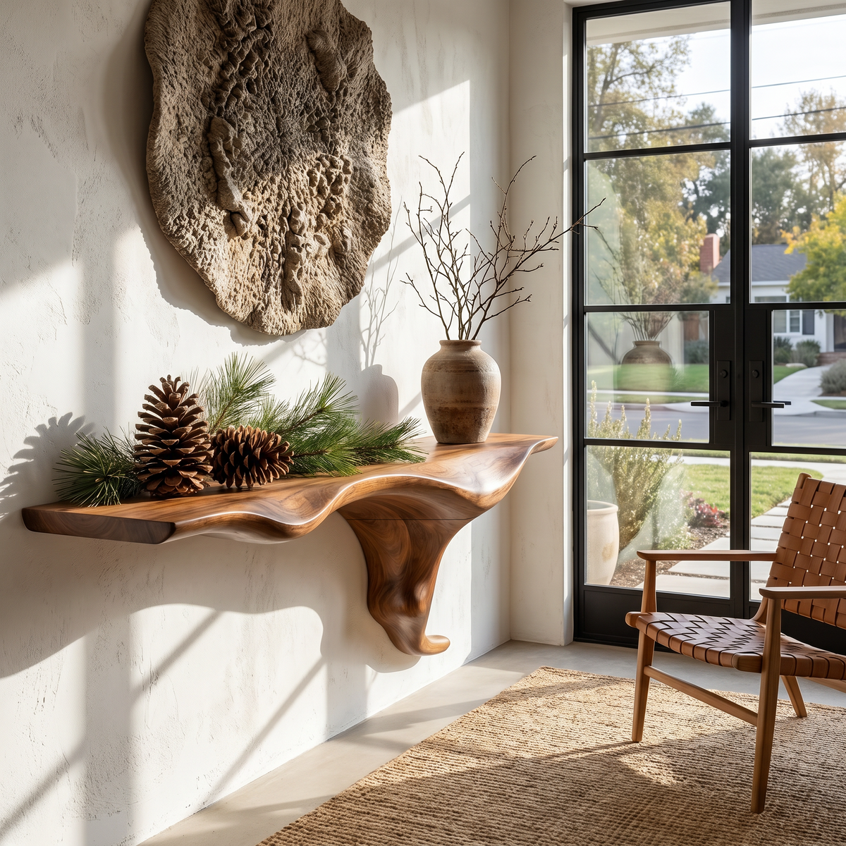 Wall Mounted Solid Wood Console Table with Tree Root Base in Brown finish