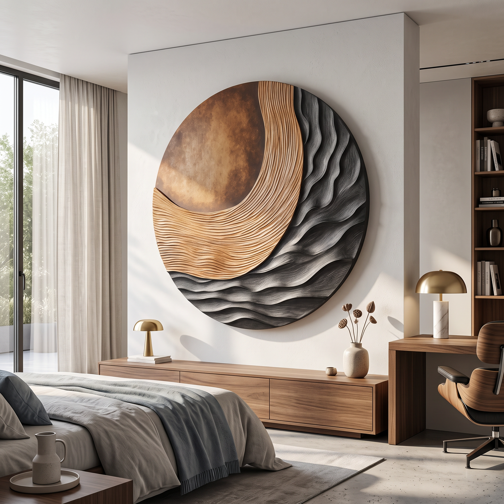 Carved 3D Wood Wall Art Panel for Bedroom with Tidal Folds - view 5