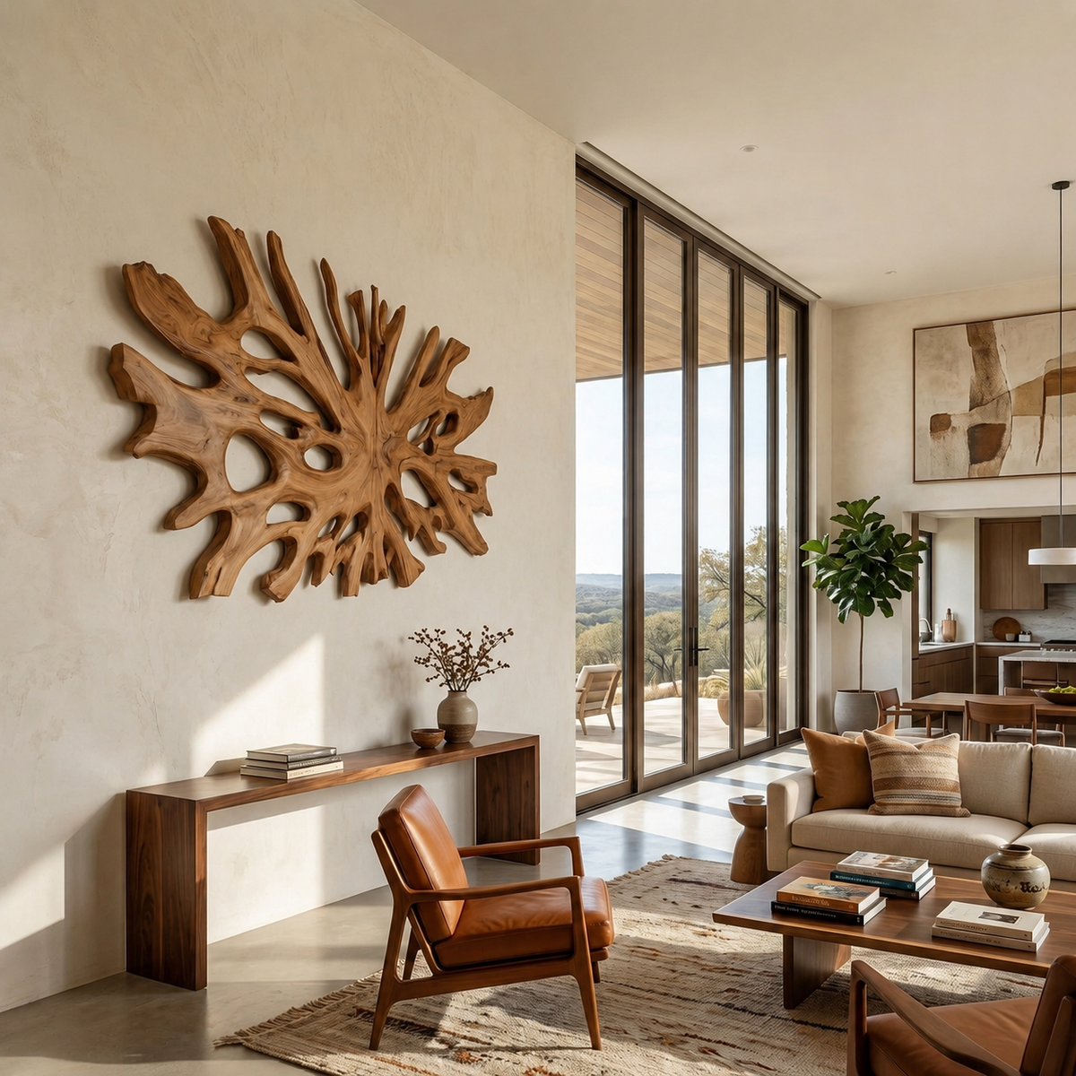 Oversized Root-Form Solid Wood Wall Art for Living Room in Brown finish