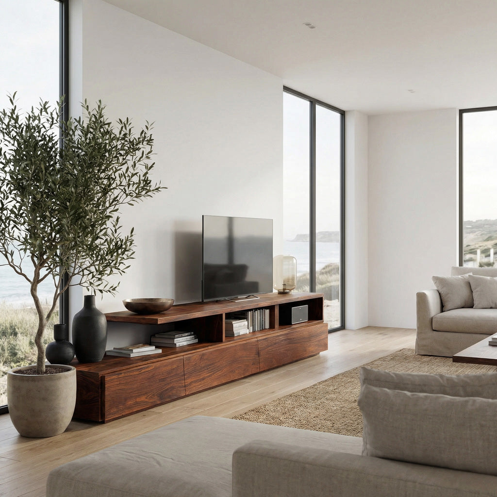 Low Solid Wood TV Console with Open Shelves and Cabinets in Brown finish