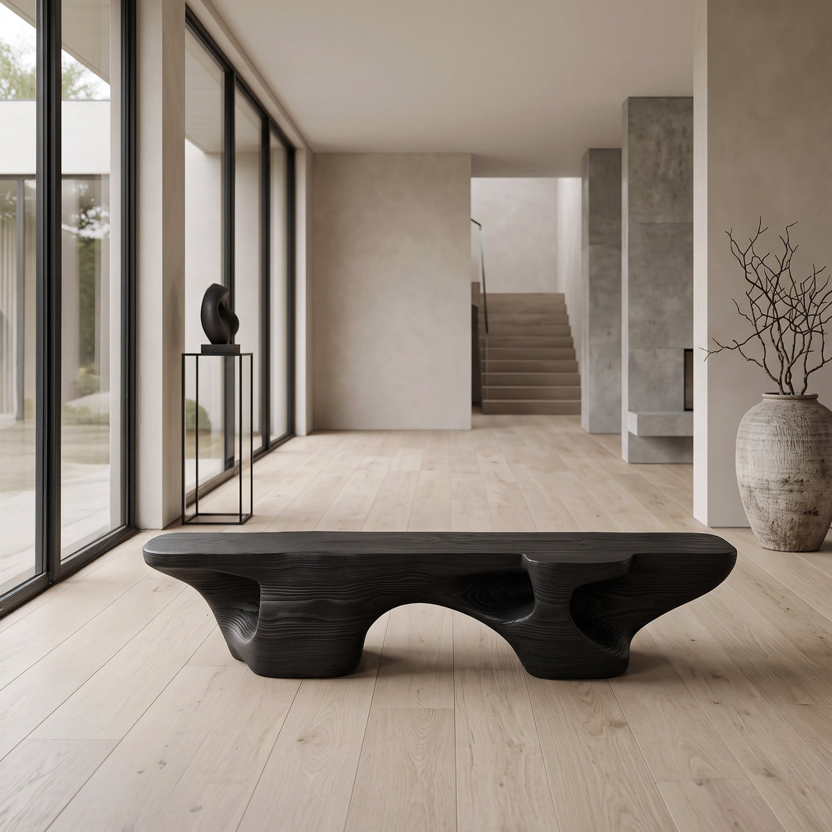 Carved Solid Wood Sculptural Bench in Black for Living Room - view 3